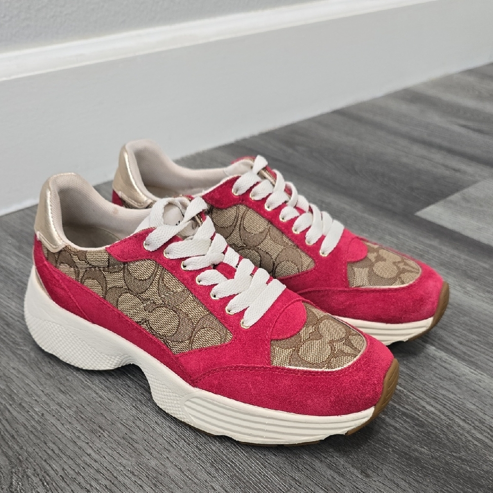 Coach C152 Sig Tech Runner Sneakers Khaki Burgundy Suede Sneakers, Size 7.5